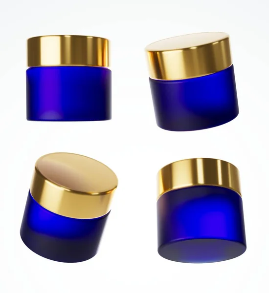 四个不同的观点的霜冻蓝色玻璃瓶与金帽子 3D渲染化妆品包装隔离的白色背景 设计和品牌现成的模型 — 图库照片
