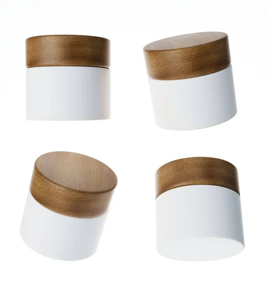 Four Different Views Glossy White Cream Jar Wooden Cap Render — Stockfoto