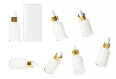 Beyaz arka plan, tasarım ve markalaşmaya hazır üç boyutlu kapaklı, kozmetik ürün ambalajlı yedi farklı parlak beyaz plastik serum şişesi görüntüsü