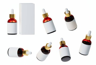 Beyaz arka plan, tasarım ve markalaşmaya hazır, etiketli, kozmetik ürün ambalajlı yedi farklı parlak kahverengi cam serum şişesi görüntüsü