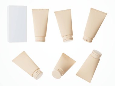 Beyaz arka planda izole edilmiş kutusu olan altı farklı bej kozmetik krem tüpü görüntüsü. 3 boyutlu tasarım, bakım ürünü ambalajı ve markalaşma tasarımı hazır.