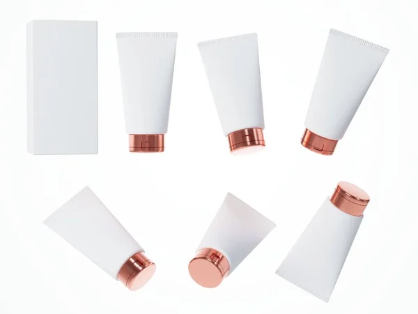 基于白色背景3D渲染 护肤产品包装和品牌设计的六种不同观点 玫瑰金瓶盖美白化妆品试管 — 图库照片