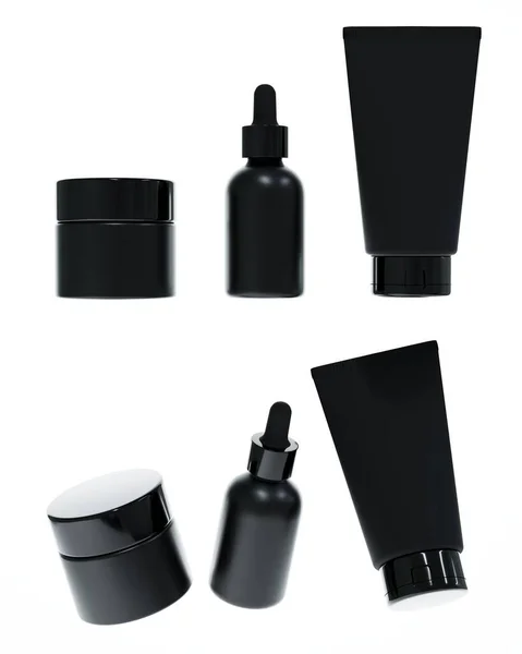 Különböző Nézetek Fekete Műanyag Krém Üveg Szérum Csepegtető Üveg Kozmetikai — Stock Fotó