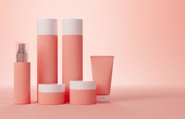 Farklı plastik şişelerde saç bakım ürünleri grubu. Stüdyonun arka planında 3 boyutlu şekil, şampuan, sprey ve krem, kozmetik ambalaj şablonu.