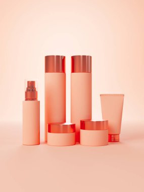 Farklı plastik şişelerde saç bakım ürünleri grubu. Stüdyonun arka planında 3 boyutlu şekil, şampuan, sprey ve krem, kozmetik ambalaj şablonu.