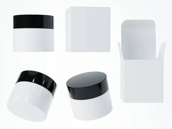 Różne Widoki Biały Kosmetyczny Krem Słoik Czarnym Wieczkiem Pudełko Izolowane — Zdjęcie stockowe