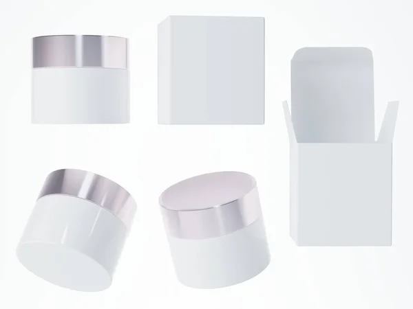Viste Diverse Bianco Vaso Crema Cosmetica Con Tappo Argento Scatola — Foto Stock