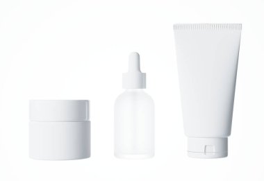 Beyaz plastik krem kavanozu, serum düşürücü şişesi ve kapaklı kozmetik tüp, beyaz arka plan, tasarım ve markalaşmaya hazır 3 boyutlu estetik ürün ambalajı