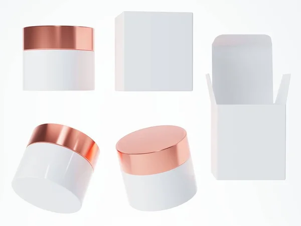 不同意见的白色化妆品瓶与玫瑰金冠和盒子隔离的白色背景3D渲染 护肤产品包装和品牌模板 设计现成的模型 — 图库照片