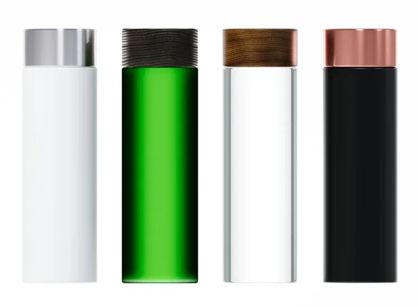 Cztery Różne Butelki Szamponu Plastikowe Szklane Opakowania Kosmetyczne Zestaw Renderowania — Zdjęcie stockowe