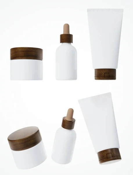 Different Views Cream Jar Wooden Cap Serum Dropper Bottle Cosmetic — Stock Photo, Image