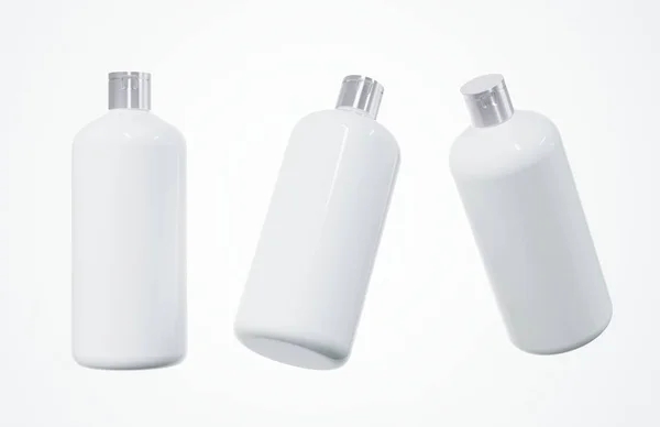 从白色背景 化妆品护发品的设计理念和带有复制空间的品牌现成模型等方面对塑料洗发水瓶三维造型的不同观点进行了剖析 — 图库照片