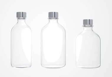 Beyaz arka planda üç farklı kozmetik şişesi. 3 boyutlu, temiz cam bakım ürünü kavanozları. Metal kaplamalı, tasarım hazır ambalaj şablonu, markalaşma ve pazarlama modeli.