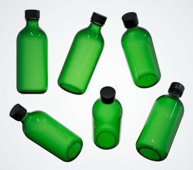 Kozmetik şişeleri birkaç görünüm 3D görüntüleme, beyaz zemin üzerindeki farklı bakım ürünü konteynır şablonu izole, tasarım ve markalaştırma hazır cam şişe kapak maketi ile