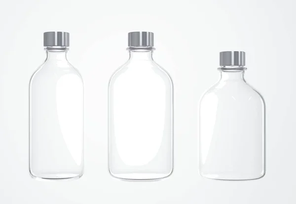 Tre Olika Kosmetiska Flaskor Vit Bakgrund Render Klar Glas Vård — Stockfoto