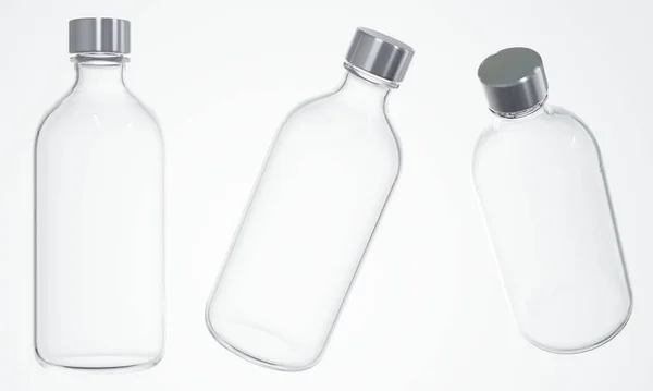 化妆品容器三维渲染 不同角度的护理产品瓶与银帽模板白色背景隔离 设计和品牌现成的透明玻璃瓶与瓶盖模拟 免版税图库照片