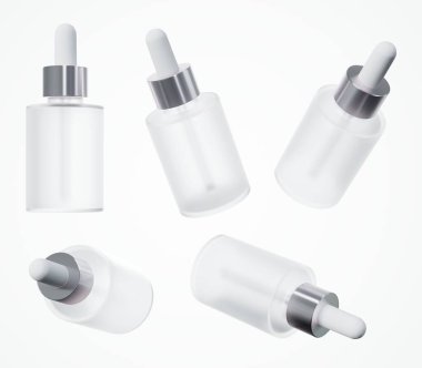 Kozmetik serumu şişesi pipette 3D modelleme, cilt bakım yağı düşürücü, güzellik işi tasarımı hazır şablon beyaz güneşlikte izleniyor.