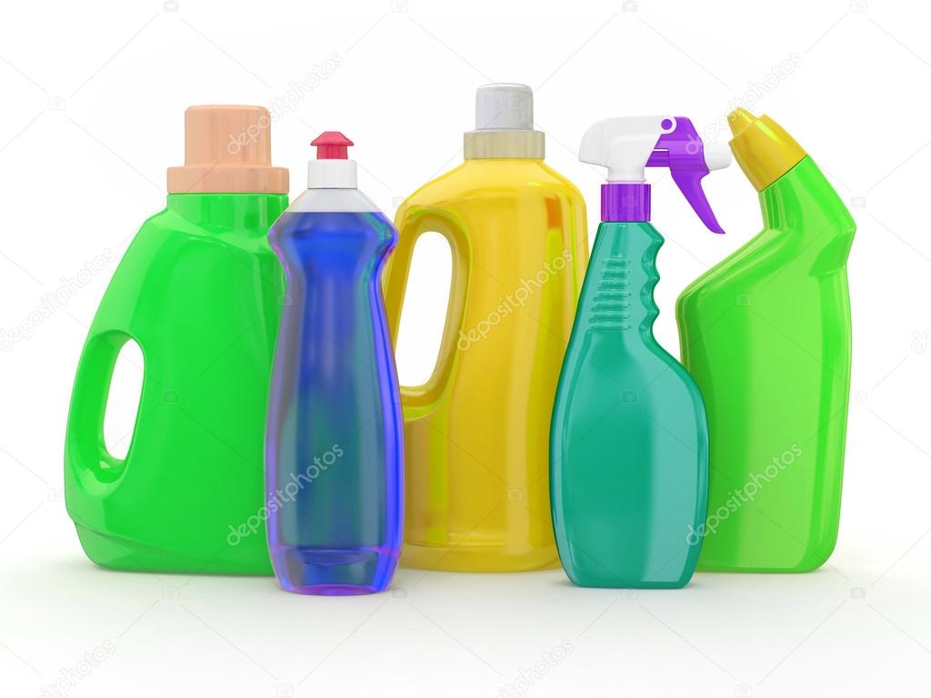 Different detergent bottles on white background. 3d