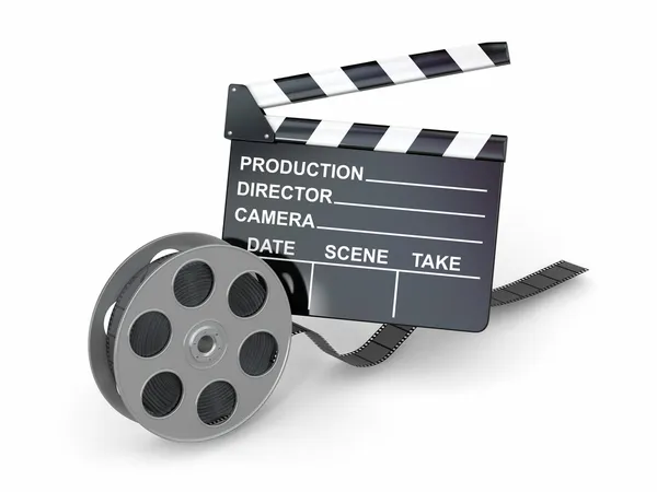 Film ipar. Clapperboard és a film tekercs. — Stock Fotó