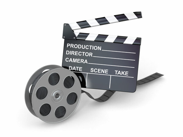 Movie industry. Clapperboard and film reel.