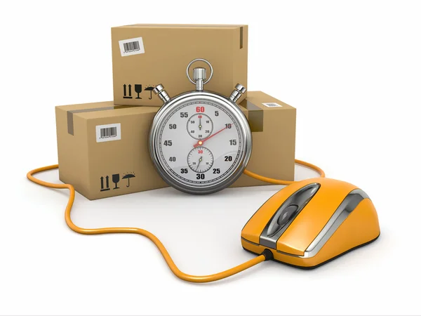 Consegna express online. Topo, cronometro e pacchetto . — Foto Stock
