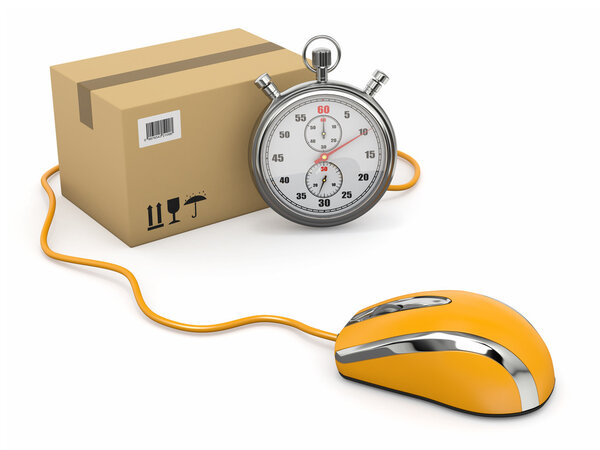 Online express delivery. Mouse, stopwatch and package.