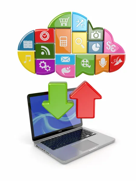 Cloud computing. laptop en pictogrammen software. — Stockfoto