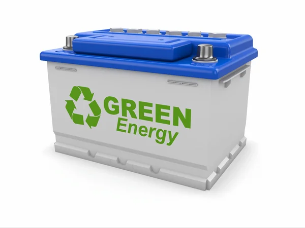 緑のリサイクル記号で車のバッテリー. — ストック写真