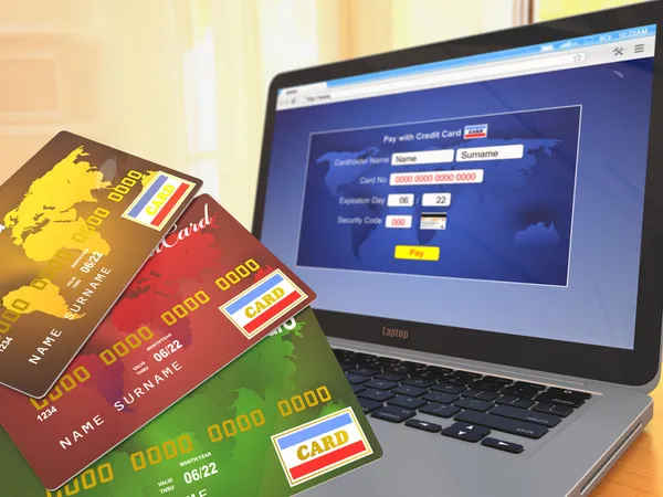 Comércio electrónico. Cartões de crédito no laptop — Fotografia de Stock