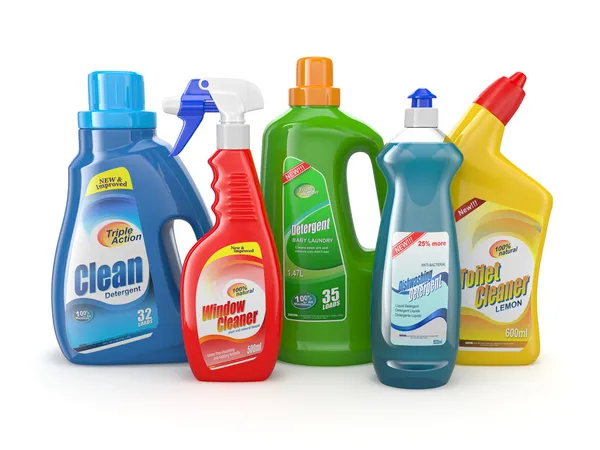 Plastikowych butelek detergent. produkty czyszczące. — Zdjęcie stockowe