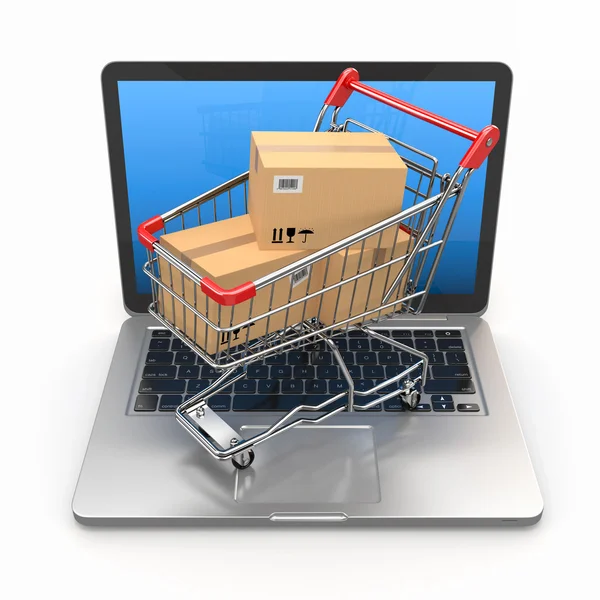 E-commerce. koszyk na laptopie. — Zdjęcie stockowe