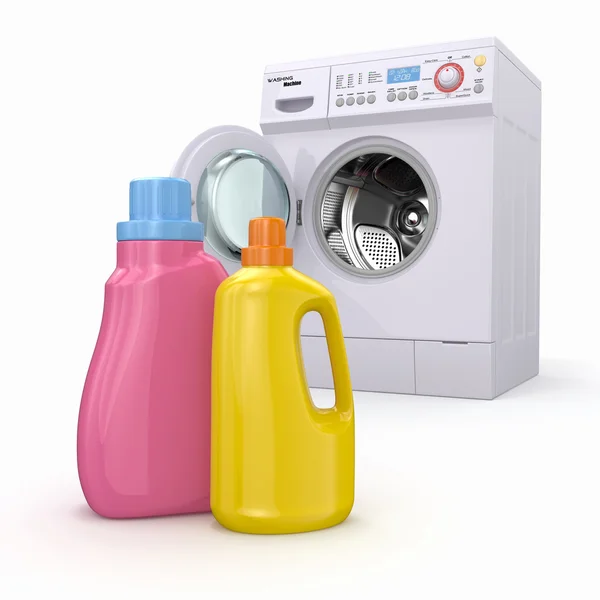 Washing machine and detergent bottles — Stock Photo, Image