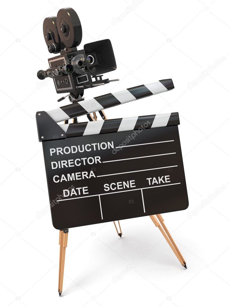 Movie composition. Vintage camera and clapperboard.