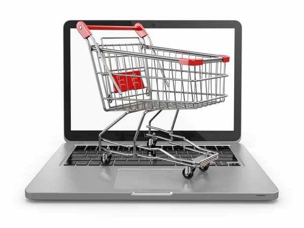 E-Commerce. Warenkorb auf Laptop. — Stockfoto