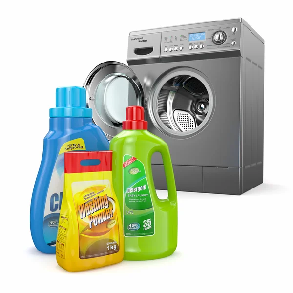 Washing machine and detergent bottles — Stock Photo, Image