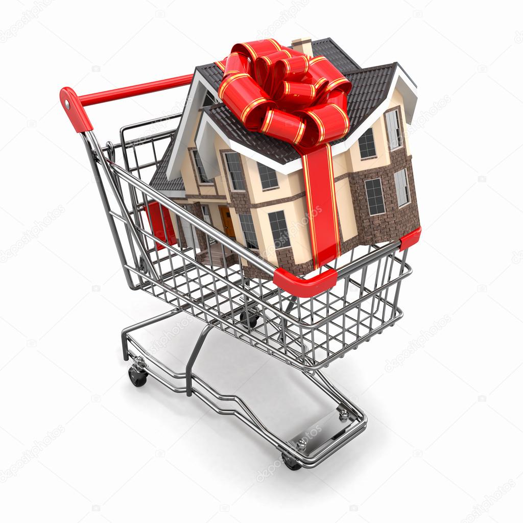 House gift with bow in shopping cart