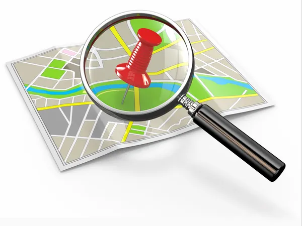 Find location. Loupe and thumbtack on map — Stock Photo, Image