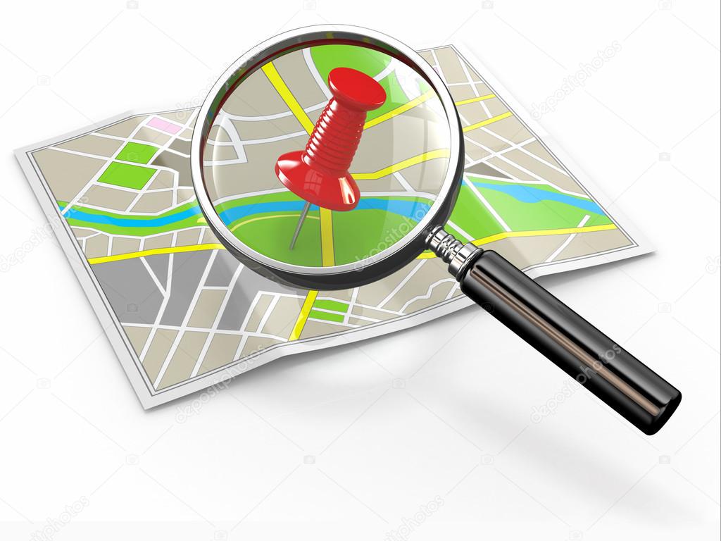 Find location. Loupe and thumbtack on map Stock Photo by ©maxxyustas