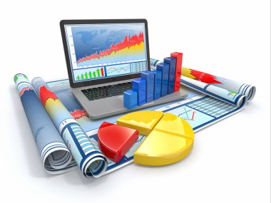 Business analyze. Laptop, graph and diagram. clipart