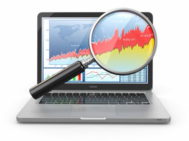 iş analiz. dizüstü bilgisayar, Büyüteç ve ekran diyagrama