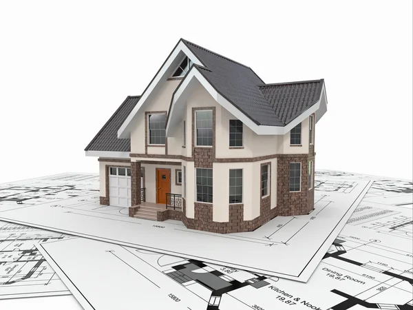 Residential house on architect blueprints. Housing project. Royalty Free Stock Images