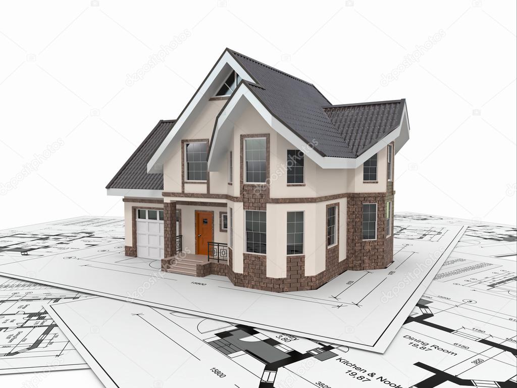 Residential house on architect blueprints. Housing project.