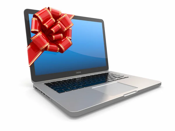 Laptop gift. Bow and ribbon on screen — Stock Photo, Image