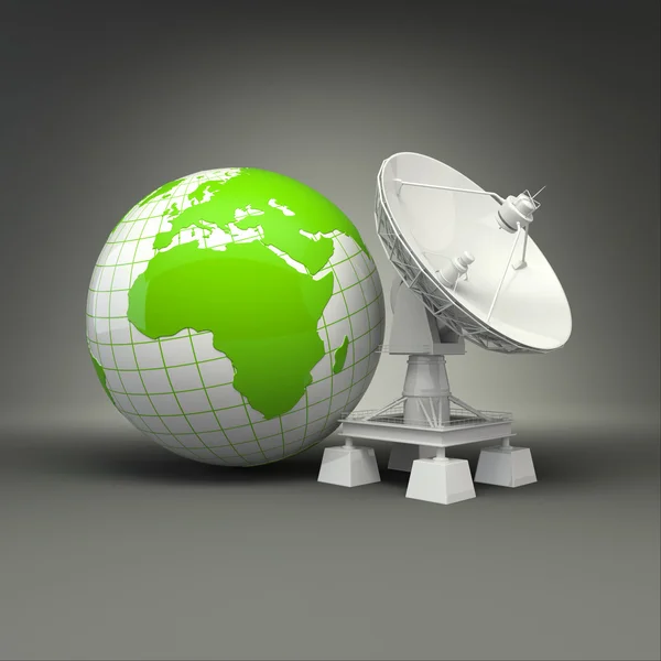 Satellite dish and earth on grey background — Stock Photo, Image