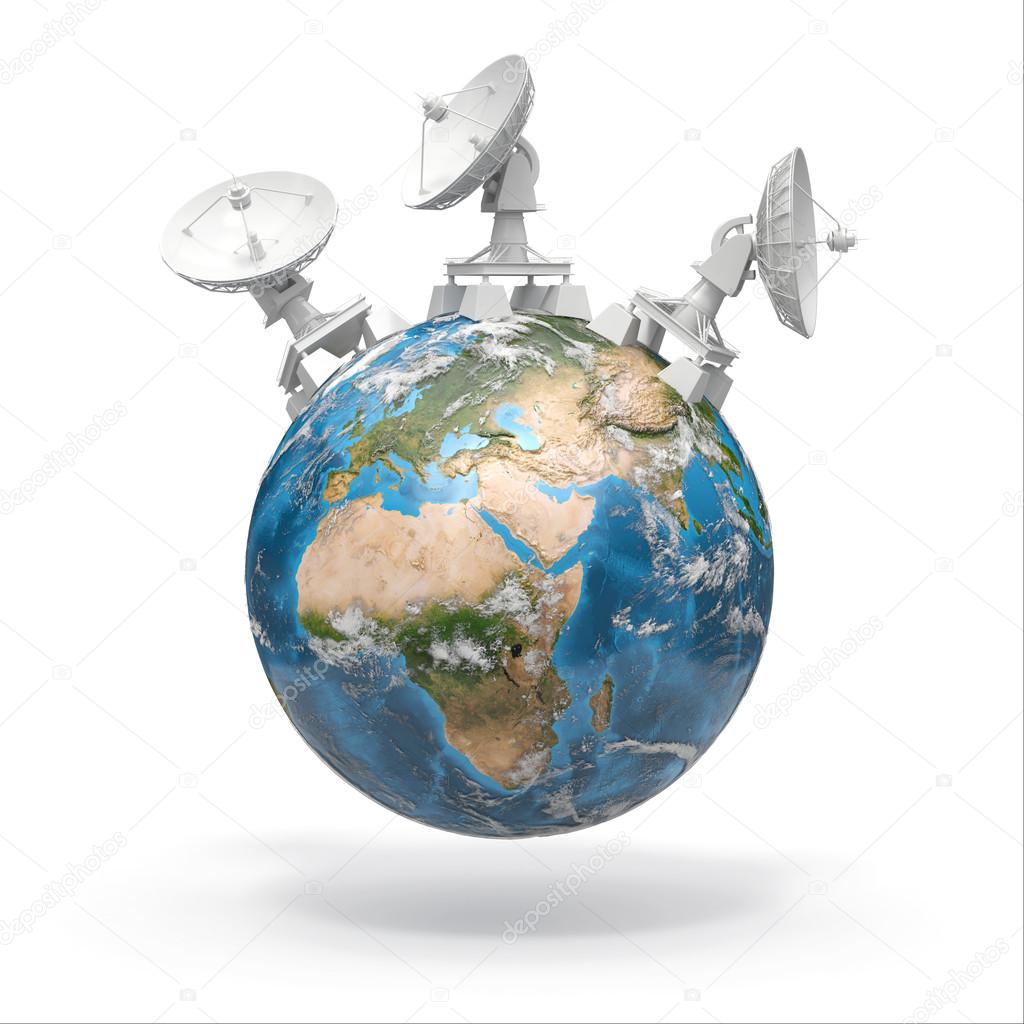 Satellite dishes on earth. 3d