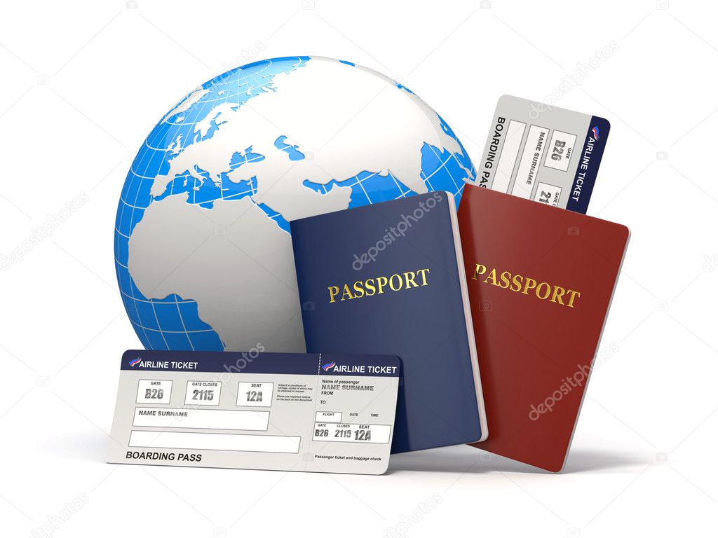 World travel. Earth, airline tickets and passport. 3d
