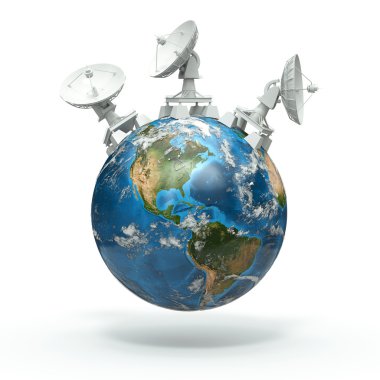 Satellite dishes on earth. 3d clipart