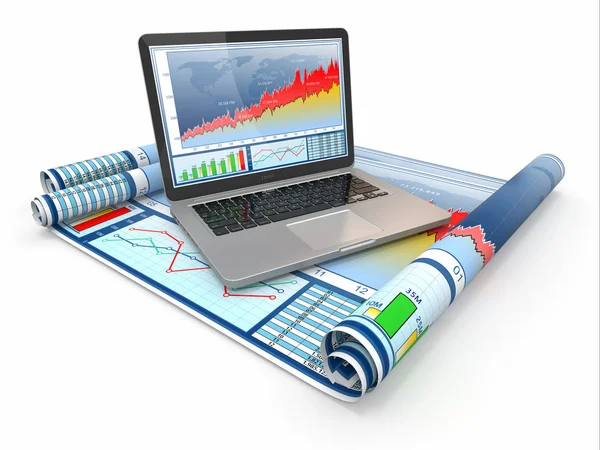 Análise de negócios. Laptop, gráfico e diagrama . — Fotografia de Stock