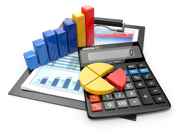 Business analytics. számológép és pénzügyi jelentések. — Stock Fotó