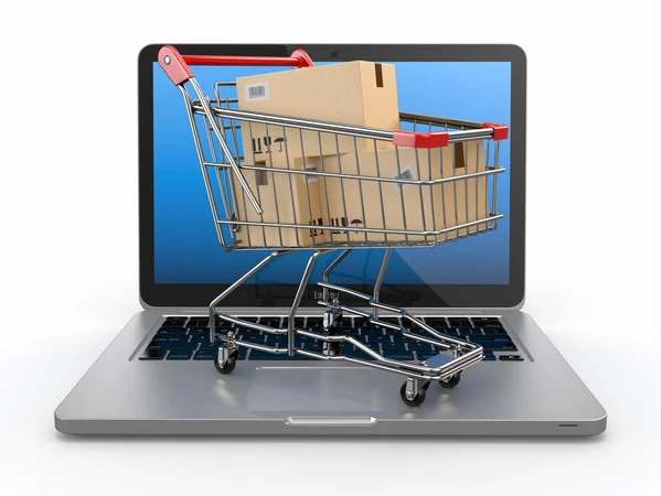 E-Commerce. Warenkorb auf Laptop. — Stockfoto